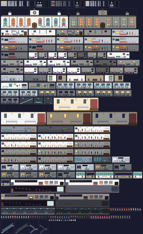A sheet of TowerTime's procedurally generated sprites