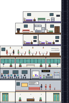 A cutaway view of a TowerTime skyscraper, floor by floor